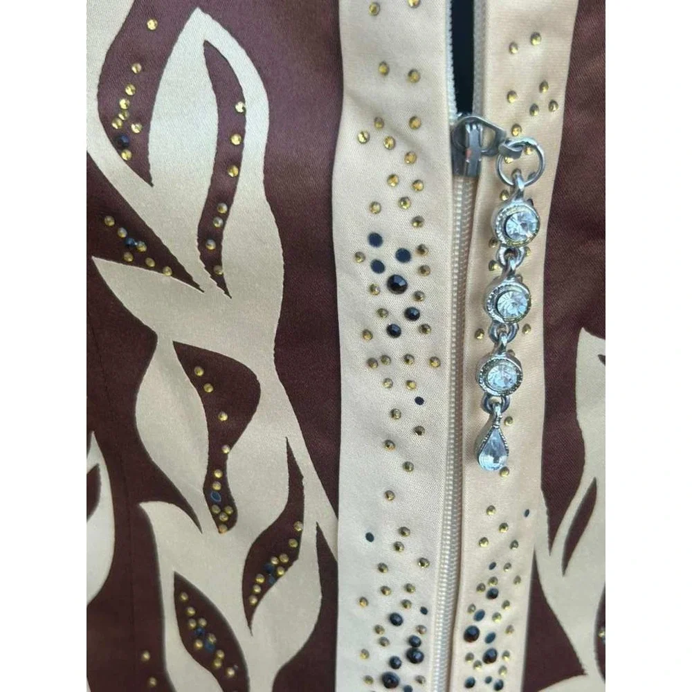 Sample Brown Satin Leaf Applique Rhinestone Blazer Jacket Size 6‎ Bronze Cream